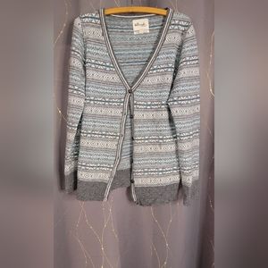 Telluride Clothing Women L Fair Isle Lambswool Blend Sweater Cardigan Gray Blue